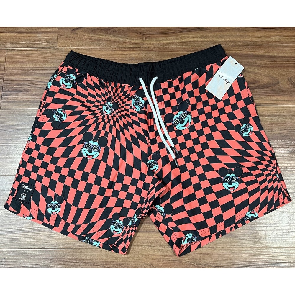 MENS NEFF DISNEY MICKEY MOUSE CHECKERED PYSCHEDELIC DAZED SWIM BOARD SHORTS SZ L